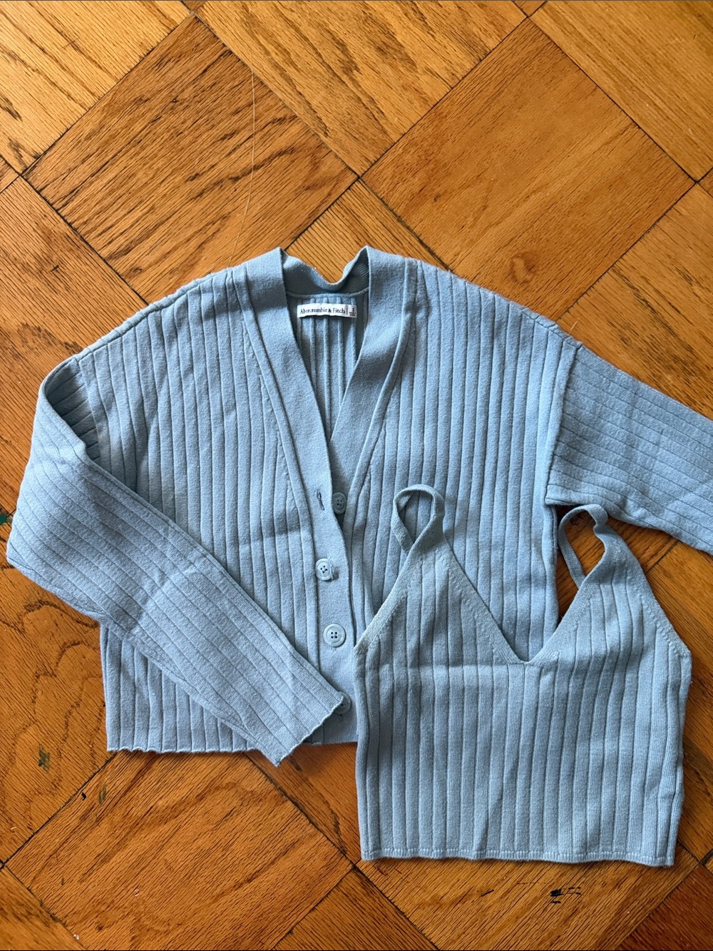 Abercrombie & Fitch Pale Blue Ribbed V-Neck Button Cardigan Set